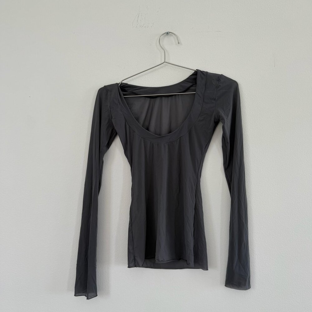 Maygel Coronel Gray Scoop Neck Long Sleeve Mesh Top One Size NWT
